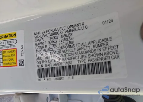 2024 Honda Civic Ex-L from USA, damaged, VIN 19XFL1H78RE014662